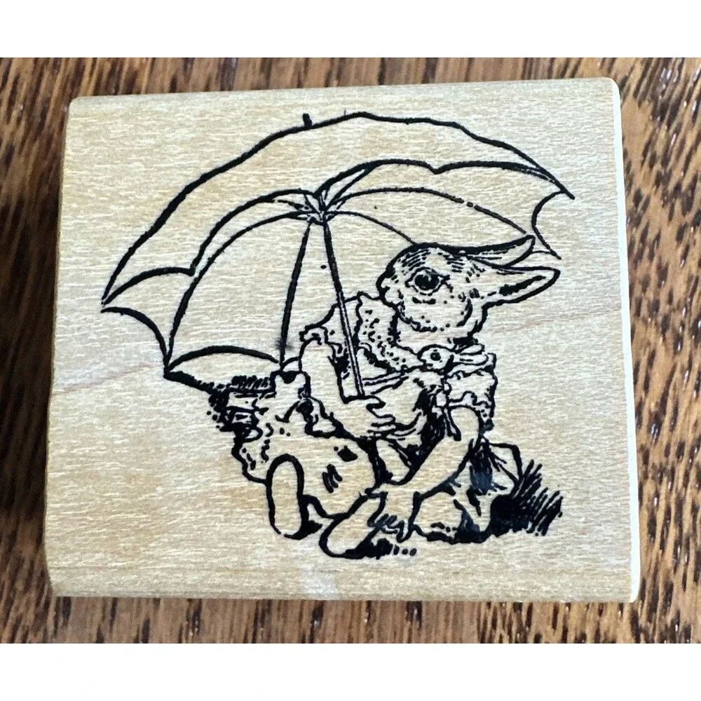 100 PROOF PRESS RUBBER STAMPS RABBIT BUNNY on Beach with baby bunny Vintage